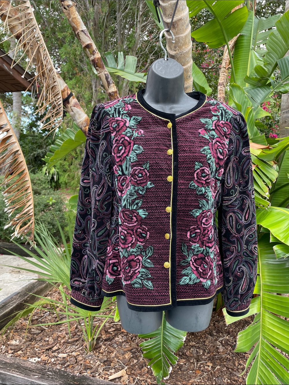 velvet, floral patchwork, gold, trimmed jacket